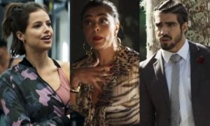 Maria da Paz (Juliana Paes) acusou Rock (Caio Castro) injustamente por causa de Josiane (Agatha Moreira) na novela A Dona do Pedaço, da Globo. (Foto: Reprodução/Montagem/TV Foco)