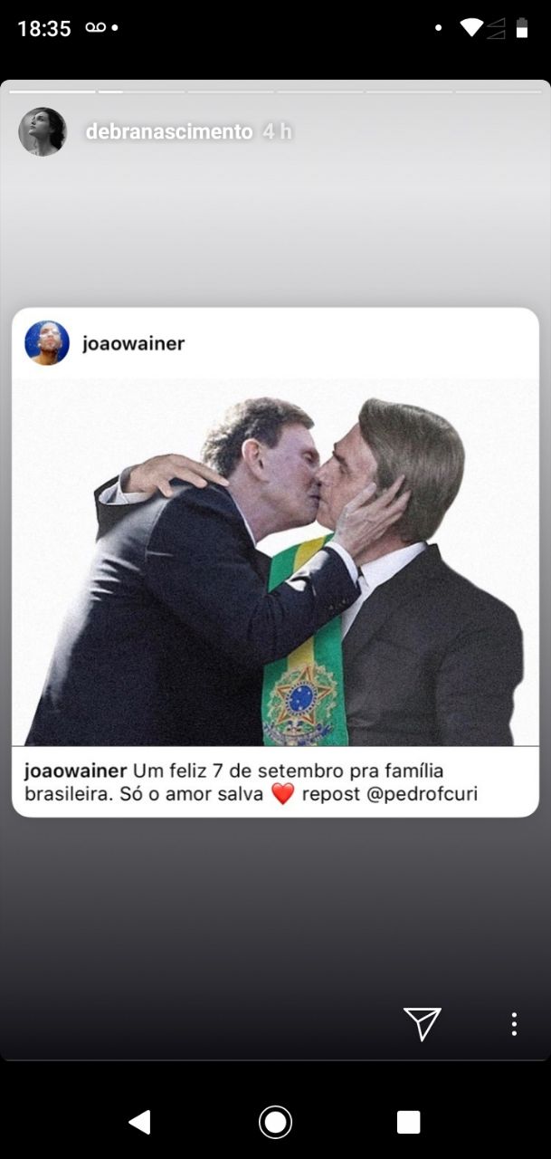 Débora Nascimento postou foto de uma montagem de um beijo gay entre Bolsonaro e Crivella 