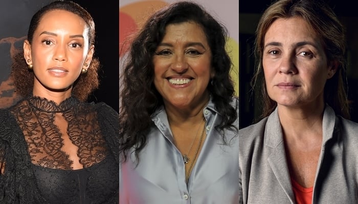 Taís Araújo (Vitória), Regina Casé (Lurdes) e Adriana Esteves (Thelma) são as protagonistas de Amor de Mãe, próxima novela das nove da Globo (Foto: Globo/Andrew Walker/Paulo Belote/Ramón Vasconcelos/Montagem TV Foco)