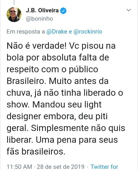 Reposta de Boninho a publicação do rapper Drake (Reprodução: Twitter)