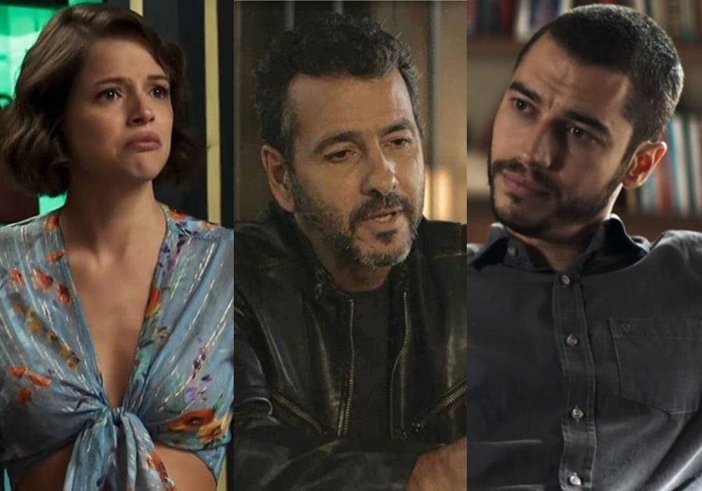 Jô (Agatha Moreira), Amadeu (Marcos Palmeira) e Camilo (Taylor Lee) em destaque no capítulo da novela A Dona do Pedaço, folhetim da Globo. (Foto: Reprodução/Montagem)