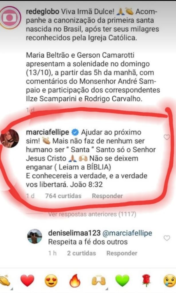 Comentário de Márcia Fellipe sobre Irmã Dulce que gerou revolta nos católicos (Imagem: Reprodução)