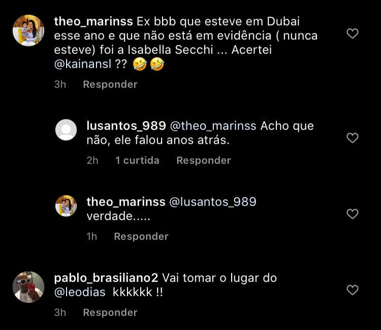 No Instagram, internautas falam que Isabella Cecchi estava em Dubai, cogitando que possa ser dela que Kainan Lima fala (Reprodução: Instagram)