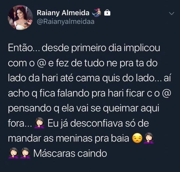 Publicação de Raiany Almeida, irmã de Hariany Almeida (Imagem: Reprodução/Twitter)