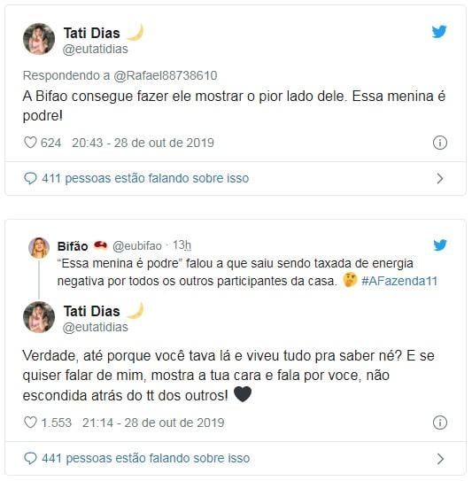 Tati Dias bate boca com assessoria de Bifão via Twitter (Imagem: Reprodução)