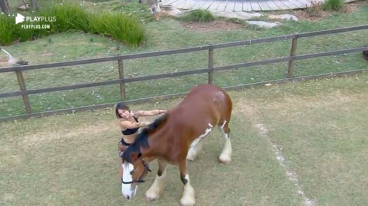 Tati Dias em momento de intimidade com cavalo em A Fazenda 11 (Reprodução: PlayPlus)