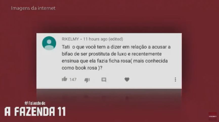 Tati Dias responde sobre a acusação de Bifão ser garota de programa que fez em A Fazenda 11 (Reprodução: YouTube)