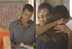 Amadeu (Marcos Palmeira) lê o resultado do exame de DNA para Maria da Paz (Juliana Paes) em A Dona do Pedaço da Globo (Montagem: TV Foco)