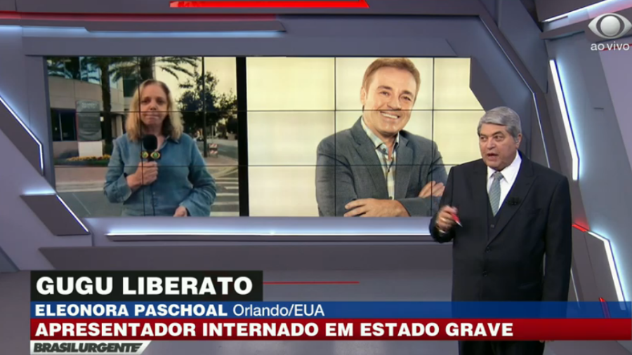 A repórter Eleonora Paschoal, no programa do Datena, se emocionou ao vivo enquanto falava do estado de saúde de Gugu Liberato Imagem: Reprodução/TV Band