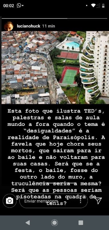Luciano Huck mostrou a diferença entre a favela de Paraisópolis e o bairro do Morumbi em São Paulo, separados apenas por um muro