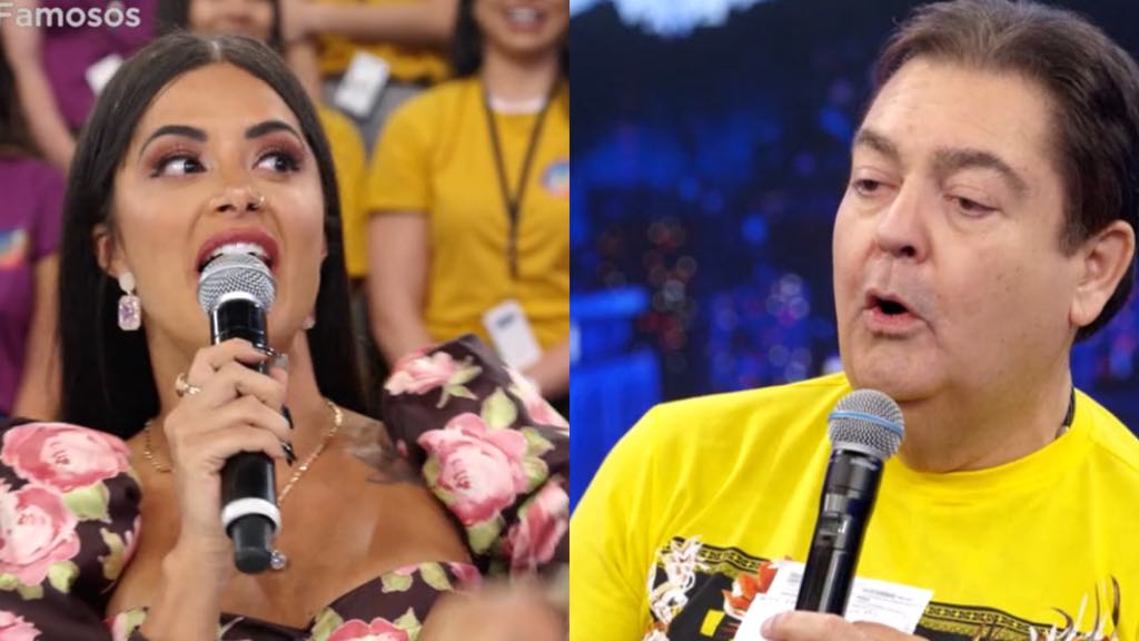 Faustão coloca Aline Riscado na fogueira e pergunta sobre seu relacionamento com Gabigol (Montagem: TV Foco)