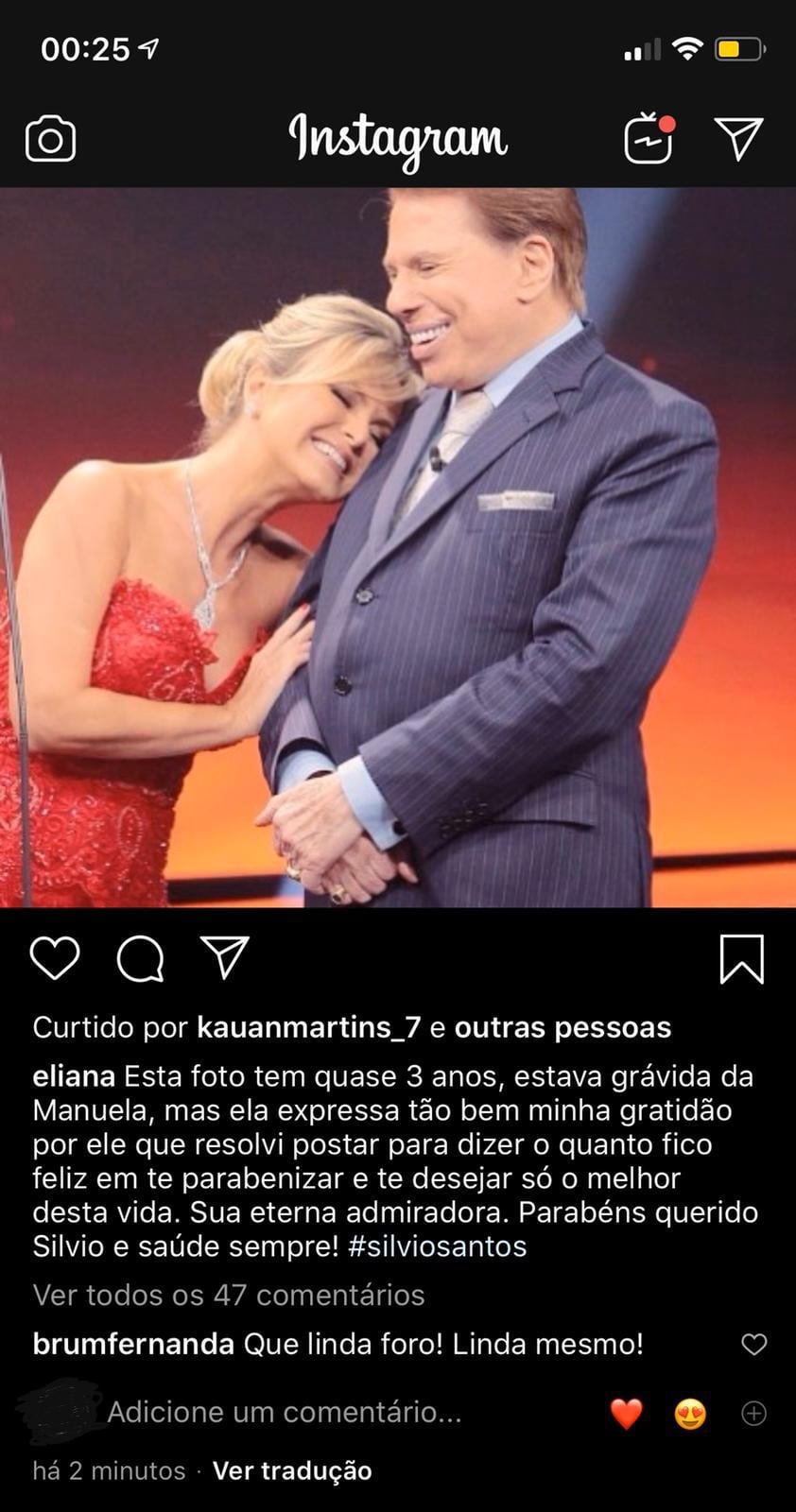 Eliana homenageia Silvio Santos e perde a noção do tempo (Foto: reprodução/Instagram) Eliana homenageia Silvio Santos e perde a noção do tempo (Foto: reprodução/Instagram)