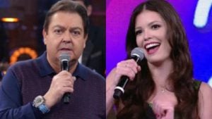 A atriz Vitória Strada no Domingão do Faustão (Montagem: TV Foco)