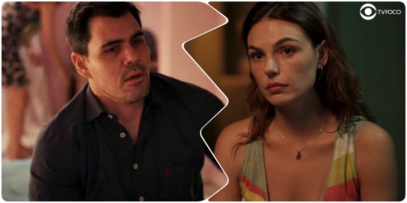 Fotomontagem do TV Foco da novela Amor de Mãe com Magno preocupado e Betina apreensiva
