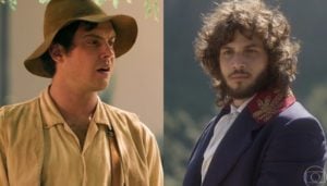 Sergio Guizé (Candinho) em Eta Mundo Bom e Chay Suede (Joaquim) em Novo Mundo; queda de audiência mostra erro da Globo (Foto: Reprodução/Globo)