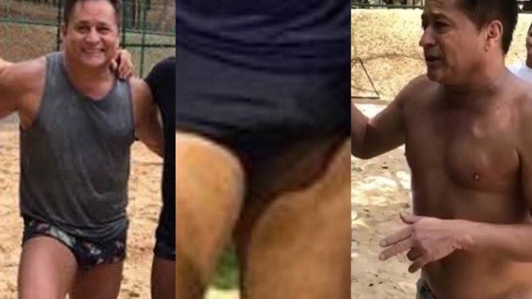 Leonardo surge de sunga mais uma vez durante jogo de Futevôlei (Montagem: TV Foco)