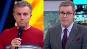 Luciano Huck no Caldeirão e Márcio Gomes no Jornal Hoje; programa teve menos audiência que telejornal (Foto: Reprodução/Globo)