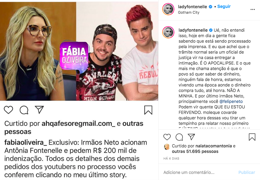 A famosa youtuber Antonia Fontenelle agitou as redes sociais ao falar sobre o polêmico caso envolvendo Felipe Neto e Lucas Neto (Foto: reprodução/Instagram)