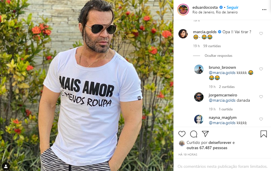 Eduardo Costa surgiu em foto com camiseta provocante e apresentadora famosa comentou