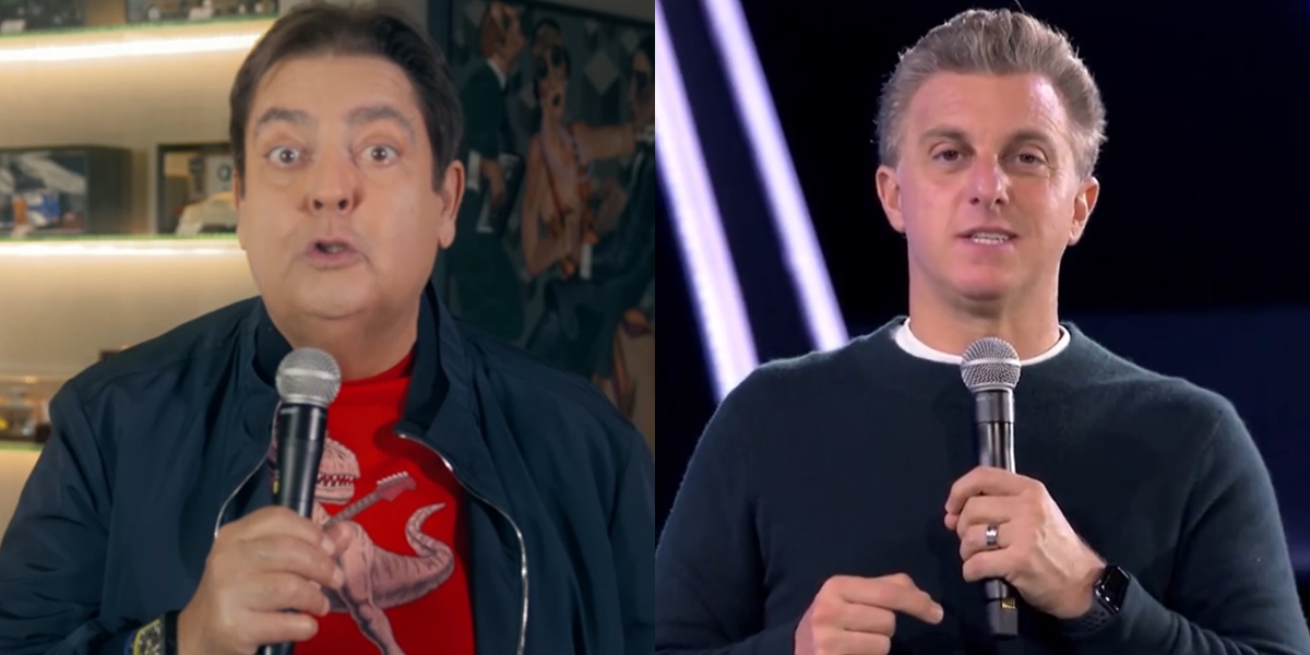 Faustão no comando do Domingão feito em sua casa e Luciano Huck no Caldeirão gravado antes da pandemia (Foto: Reprodução/Globo/Montagem)