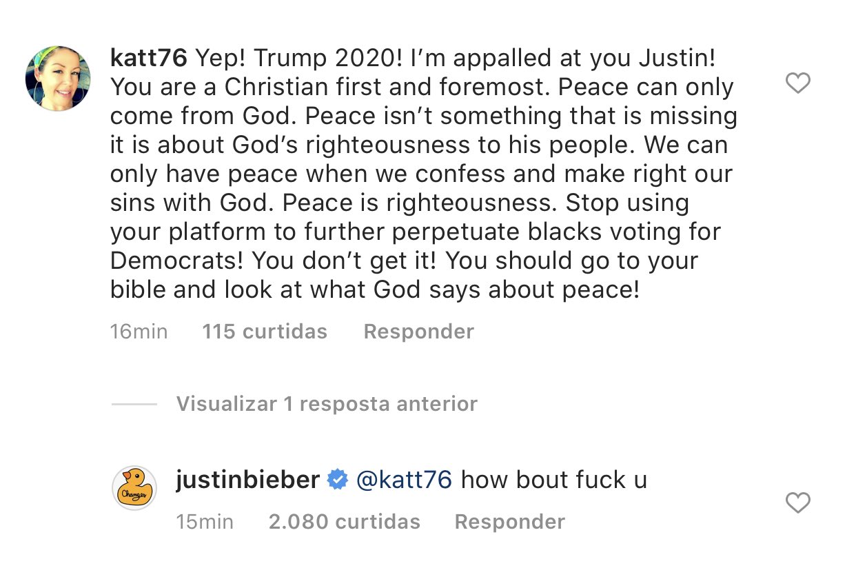 Comentário onde Justin Bieber rebaixa seguidora (Foto: Reprodução)