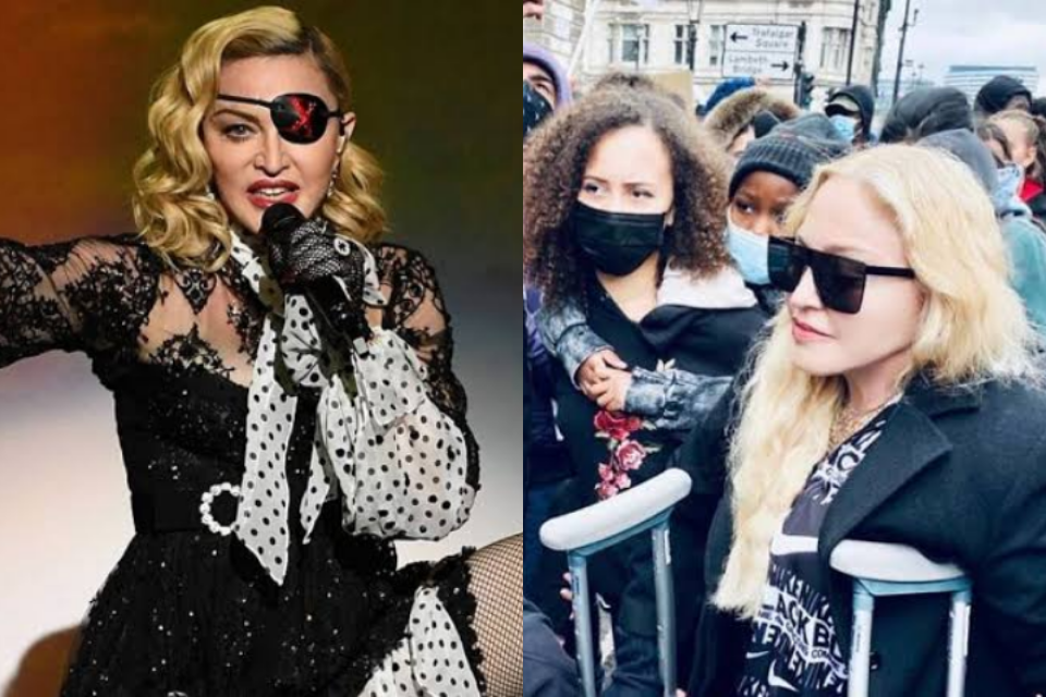 De muletas, Madonna participa de protestos contra o racismo em Londres (Foto: Reprodução)