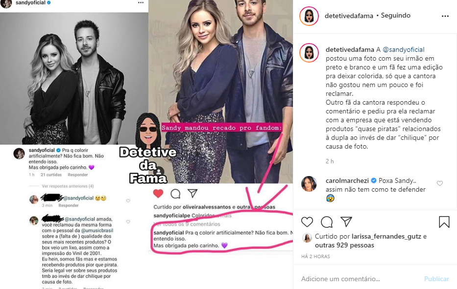 Sandy foi atacada por fã após reclamar de foto colorida 