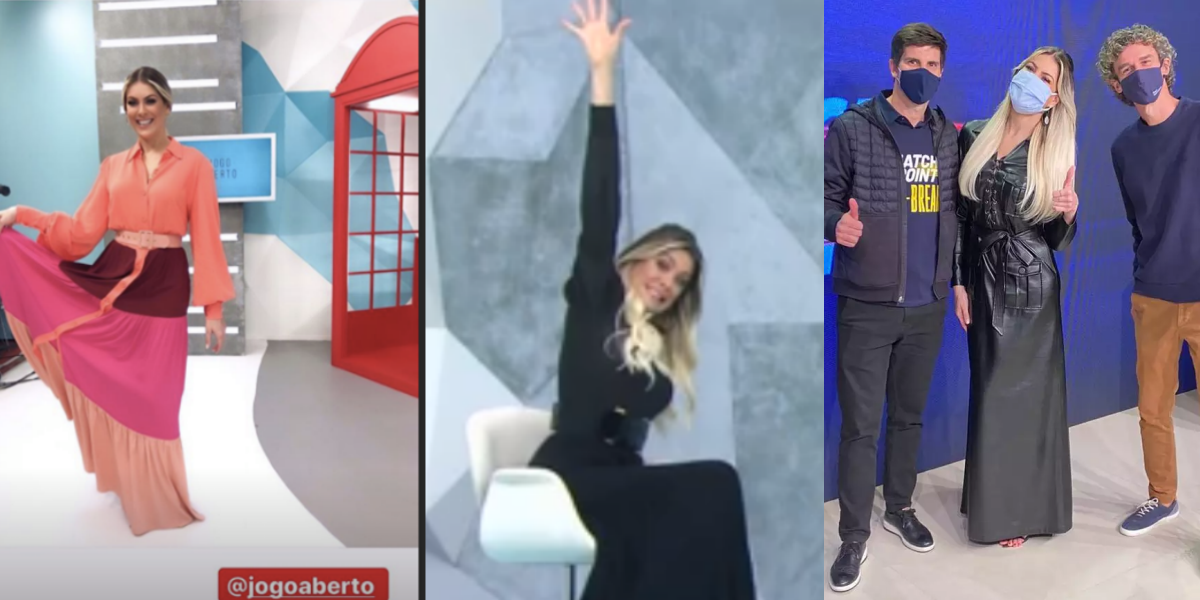 Renata Fan no Jogo Aberto na Band e ao lado de Guga toda de couro (Foto: Montagem)