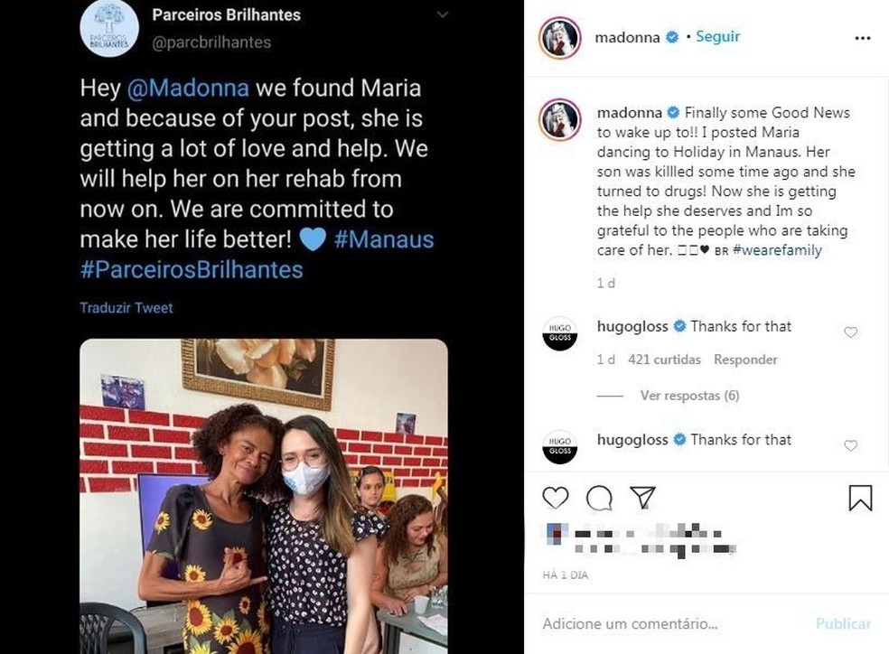 Publicação de Madonna Agradecendo o apoio a Maria Solange (Foto: Reprodução)