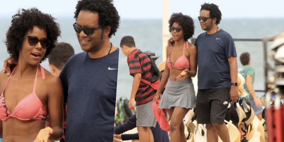 Maju Coutinho foi flagrada por paparazzis na praia ao lado do marido (Foto: reprodução)