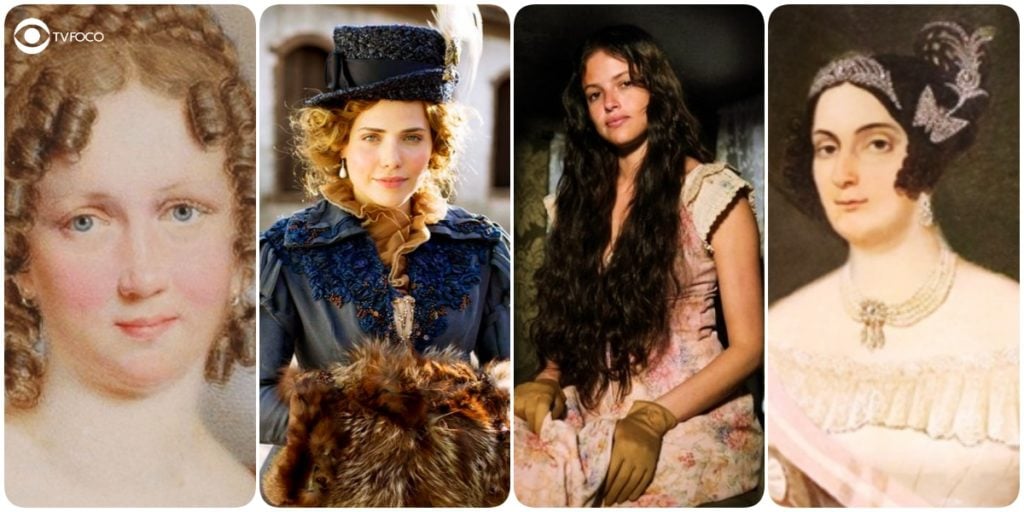 Fotomontagem das pinturas de Domitila e Leopoldina e das atrizes Letícia Colin e Agatha Moreira
