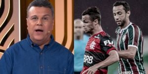 O narrador Téo José jogo Flamengo x Fluminense pela final do Campeonato Carioca, que teve alta audiência (Foto: Reprodução/SBT e Marcelo Cortes/Flamengo)
