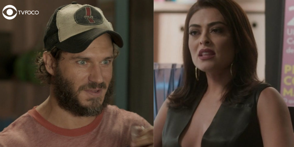 Dino e Carolina se encaram em foto montagem com cenas da novela Totalmente Demais