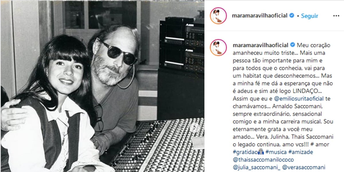 Publicação de Mara Maravilha lamentando a morte de Arnaldo Saccomani (Foto: Reprodução)