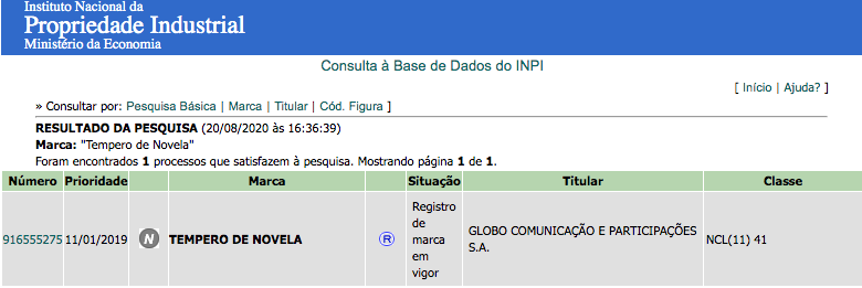 Registro da marca 'Tempero de Novela' no INPI (Foto: Reprodução)