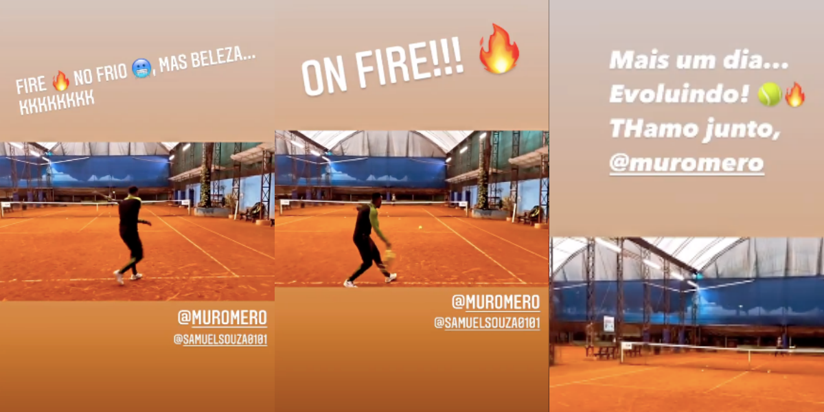 Thiaguinho jogando tênis com o professor (Foto: Montagem)