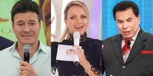 Rodrigo Faro, Eliana e Silvio Santos em seus dominicais; loira foi vice-líder de audiência e desbancou até o patrão (Foto: Reprodução/Record/SBT)