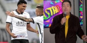 O jogador Éderson, do Corinthians, na semifinal do Paulistão, e Faustão em seu programa; Domingão desabou audiência do futebol (Foto: Rodrigo Coca/Agência Corinthians e Reprodução/Globo)