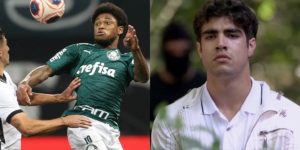 O jogador Luiz Adriano no jogo Corinthians x Palmeiras e Caio Castro (Antenor) em Fina Estampa; futebol deu mais audiência que novela (Foto: Cesar Greco/Reprodução/Globo)