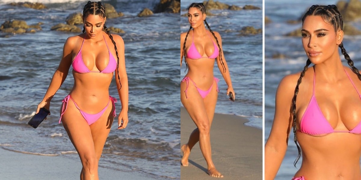 Kim Kardashian de biquíni na praia (Foto: Reprodução)