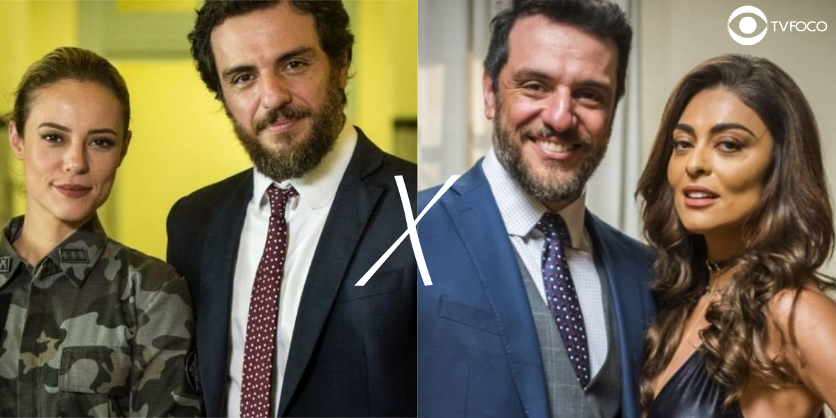 Foto montagem de Caio e Jeiza separado por um x outra imagem de Caio e Bibi de A Força do Querer