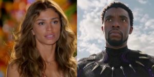 Grazi Massafera (Ester) em Flor do Caribe e Chadwick Boseman no filme Pantera Negra, em Tela Quente; atrações da Globo bombaram em audiência (Foto: Reprodução/Globo/Montagem)