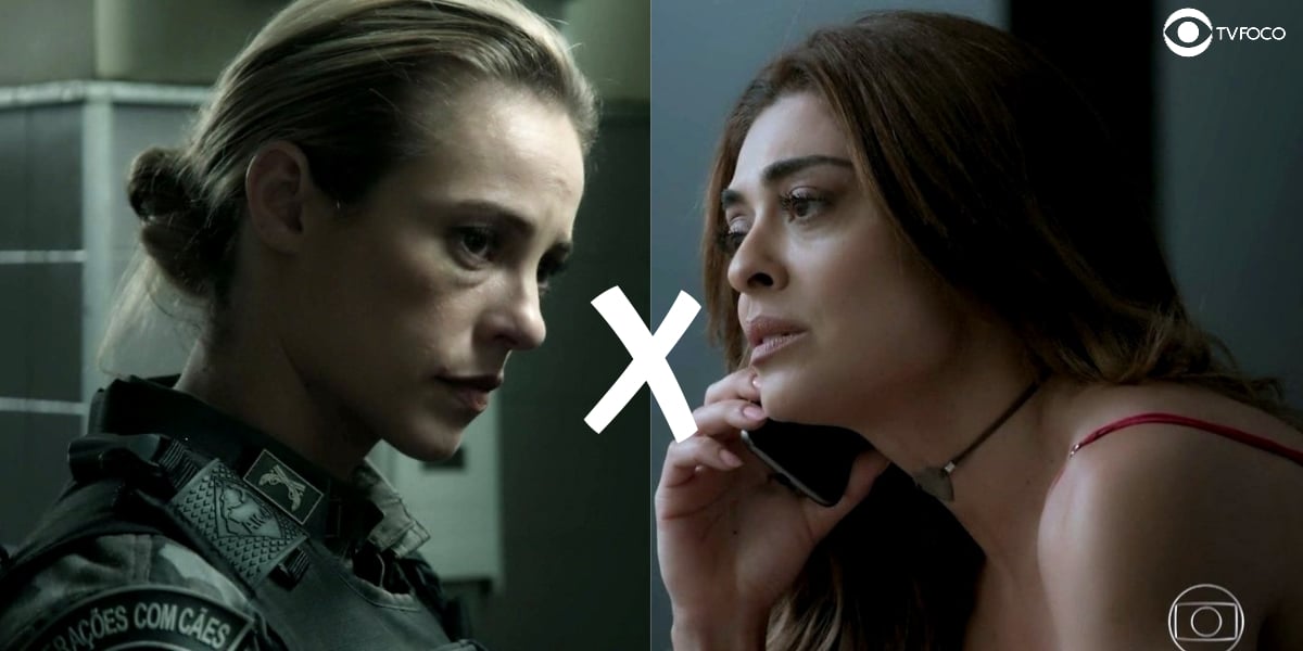 Fotomontagem com um X no centro e Jeiza e Bibi da novela A Força do Querer se encarando