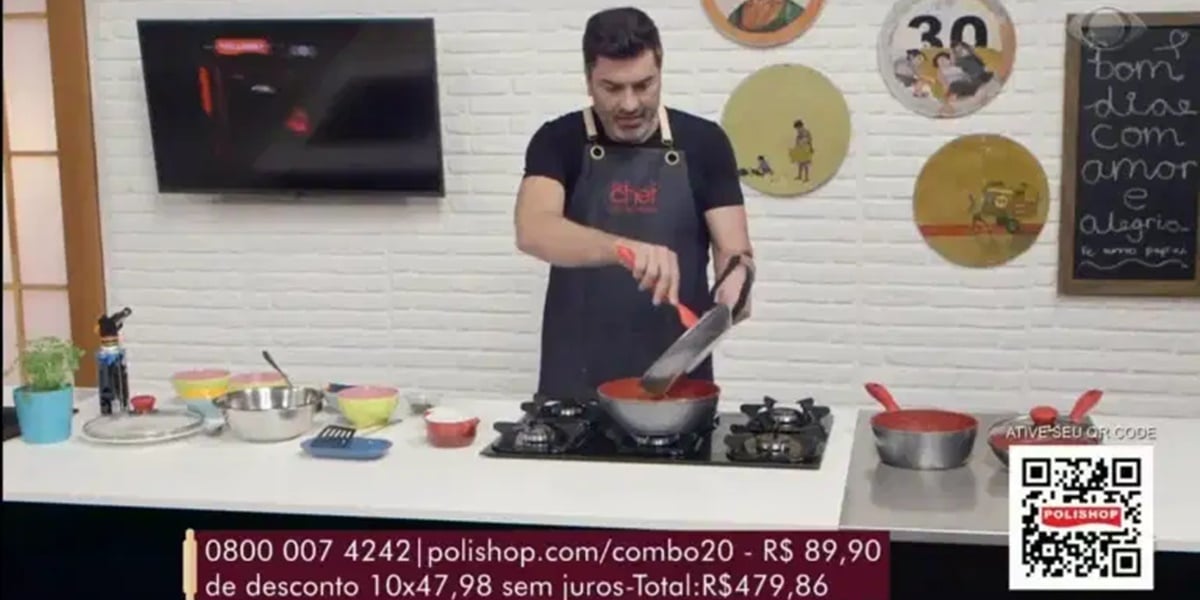 Edu Guedes revoltou as telespectadores do seu The Chef na Band com propaganda de panelas (Foto: Reprodução)