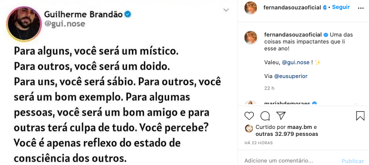 Fernanda Souza comentou sobre o reflexo de sua imagem nas redes sociais (Reprodução)