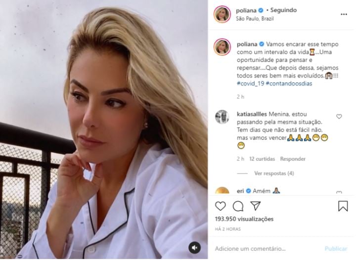Poliana Rocha, esposa de Leonardo, surge nas redes sociais para torcer por melhora da família que está infectada com o Covid-19 (Reprodução: Instagram)