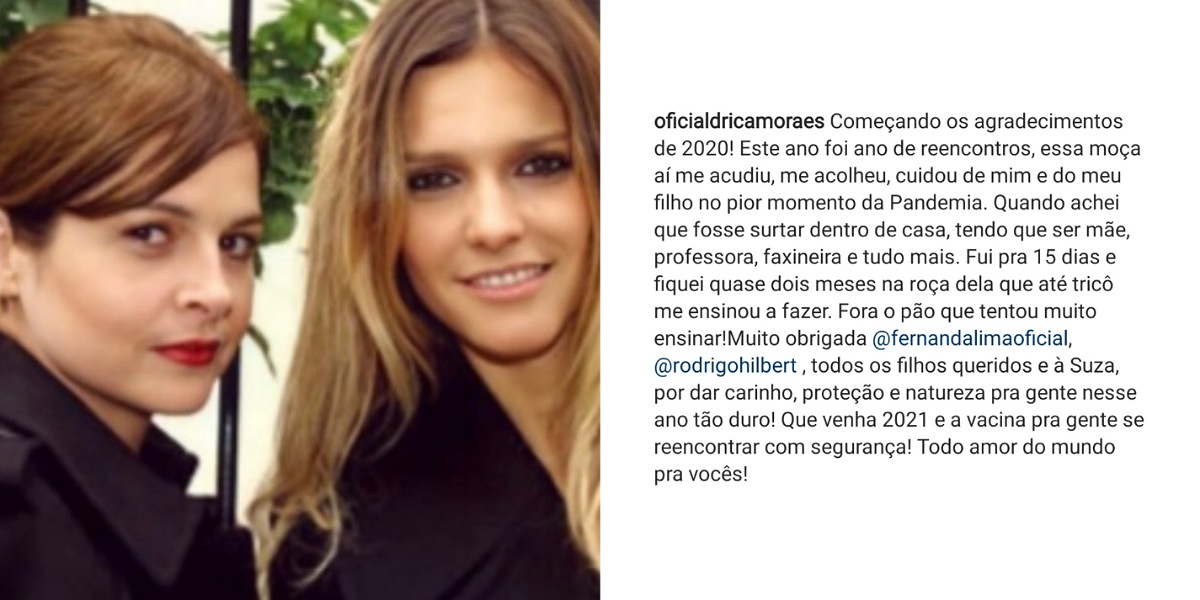Drica Moraes faz agradecimentos para Fernanda Lima e Rodrigo Hilbert após passar 2 meses em sítio do casal - Foto: Reprodução/Instagram
