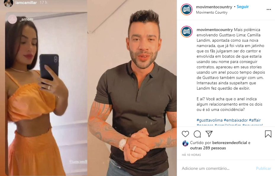 Detalhe no dedo de Gusttavo Lima e modelo Camilla Landim chamou atenção (Foto: Reprodução/ Instagram)