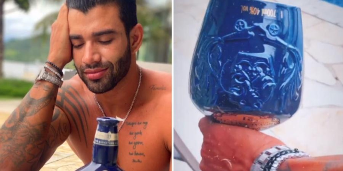 Gusttavo Lima com o seu uísque de mil reais (Foto: Montagem)