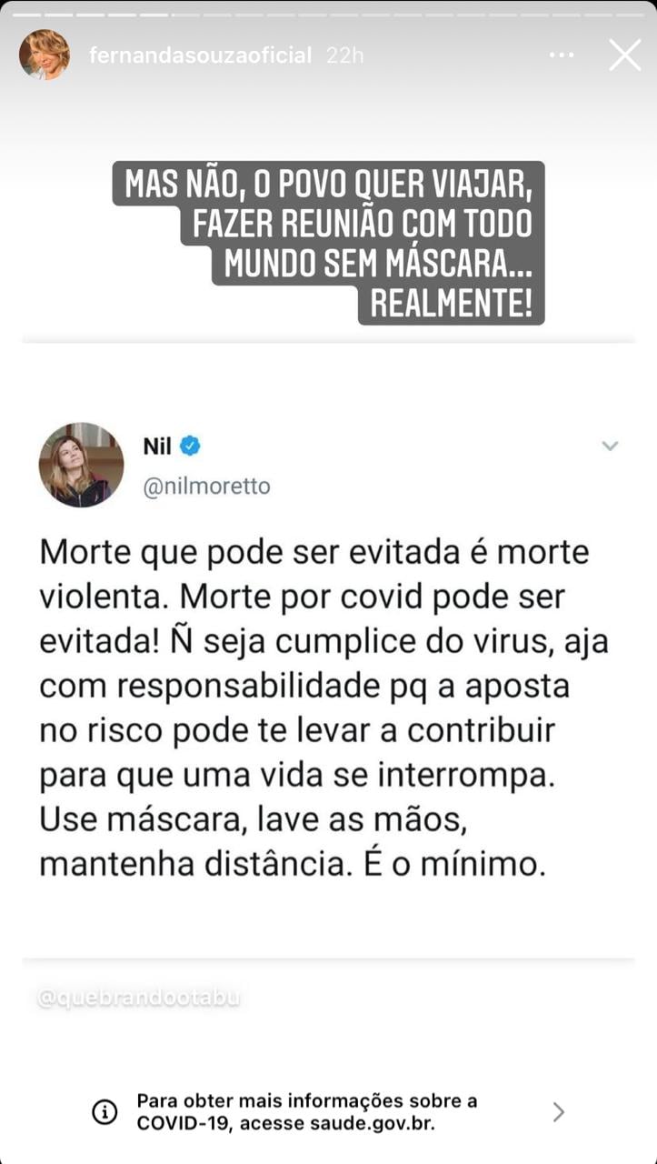 Fernanda Souza surge nas redes sociais para desabafar sobre mortes (Reprodução)